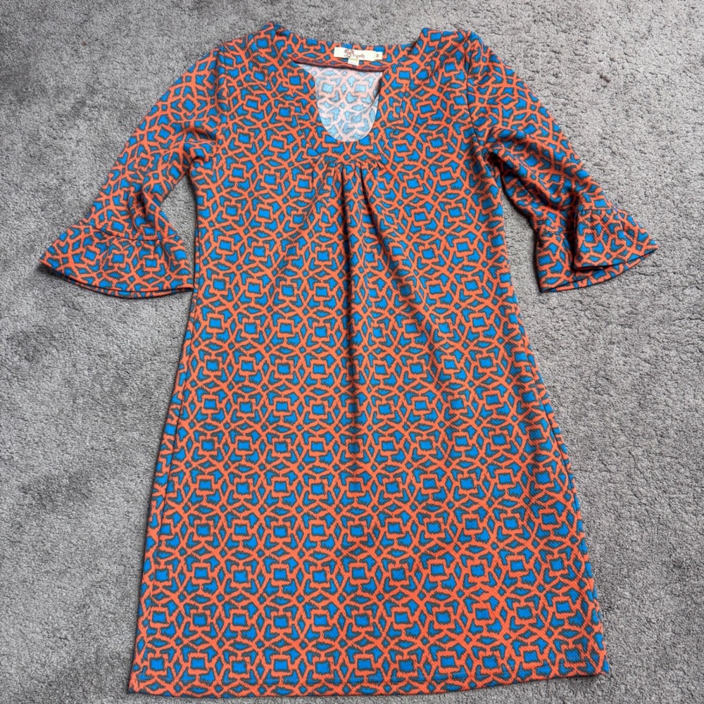 Aryeh Women's Medium Bell Sleeve Orange Blue Dress Anthropology